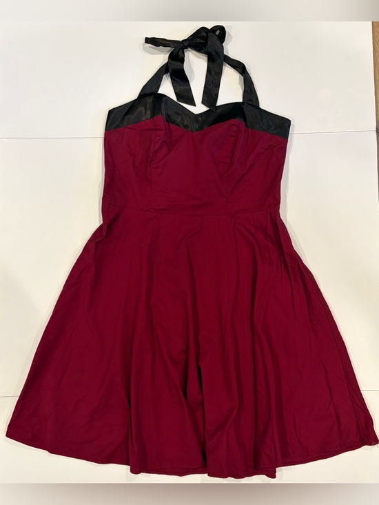 Dress Tells Dresses & Skirts - Sleeveless Halter Fit & Flare Dress in Wine with Black Trim - size 2XL